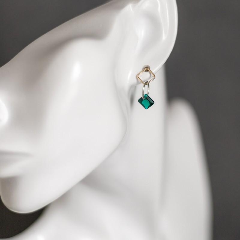 Boucles d'oreilles géométriques, or, argent et cristal - Emerald