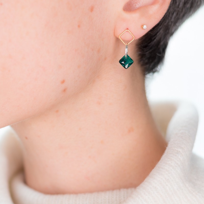 Boucles d'oreilles géométriques, or, argent et cristal - Emerald