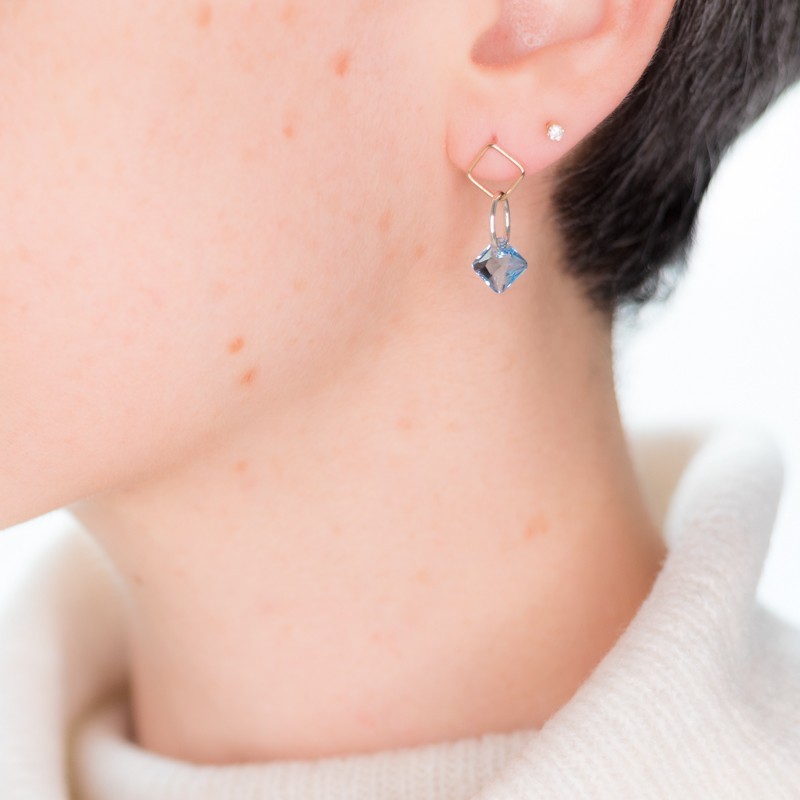 Boucles d'oreilles géométriques, or, argent et cristal - Aquamarine