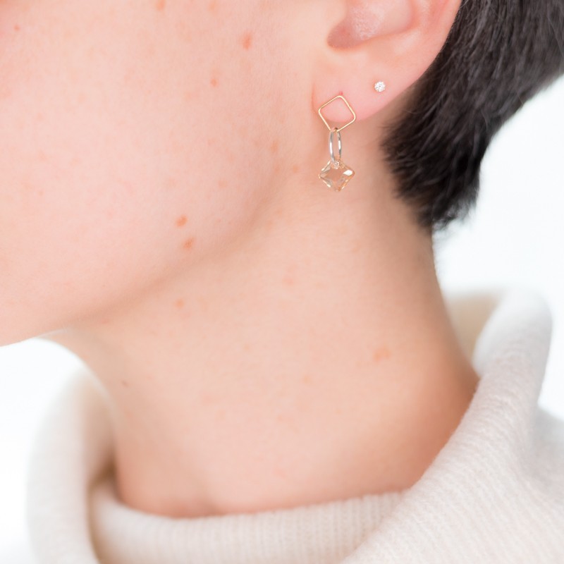 Boucles d'oreilles géométriques, or, argent et cristal - Golden Shadow