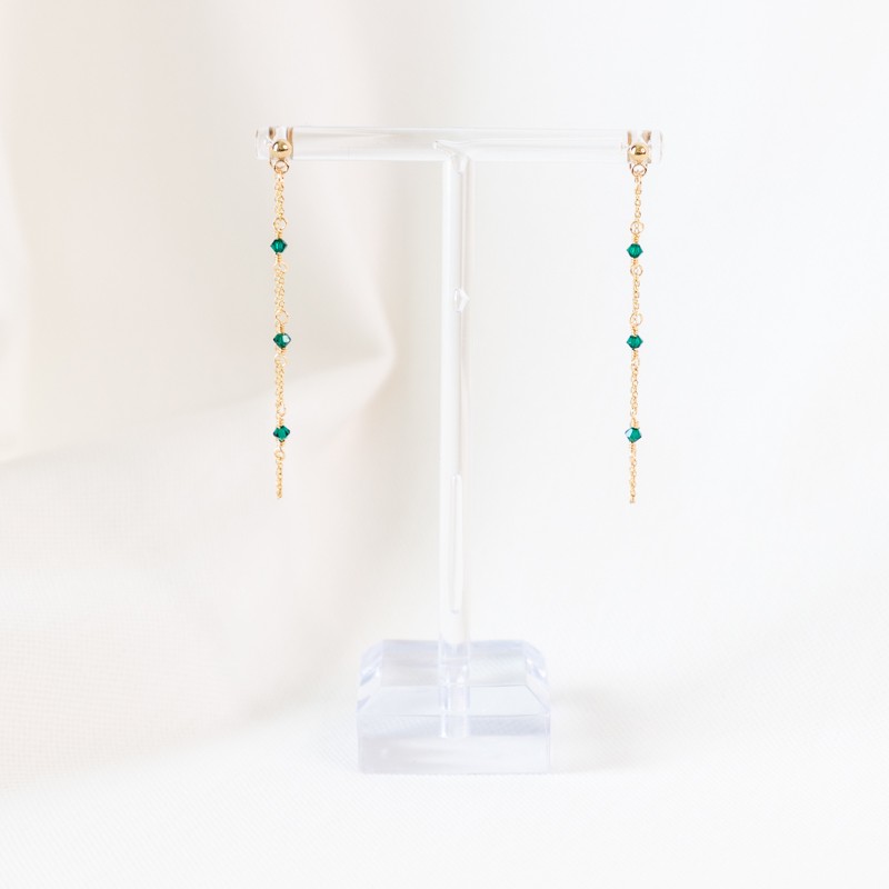 Boucles d'oreilles chaînes fines et petits cristaux - Emerald