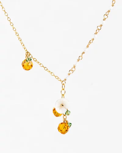 Collier or laminé cristal mandarine fleur nacre